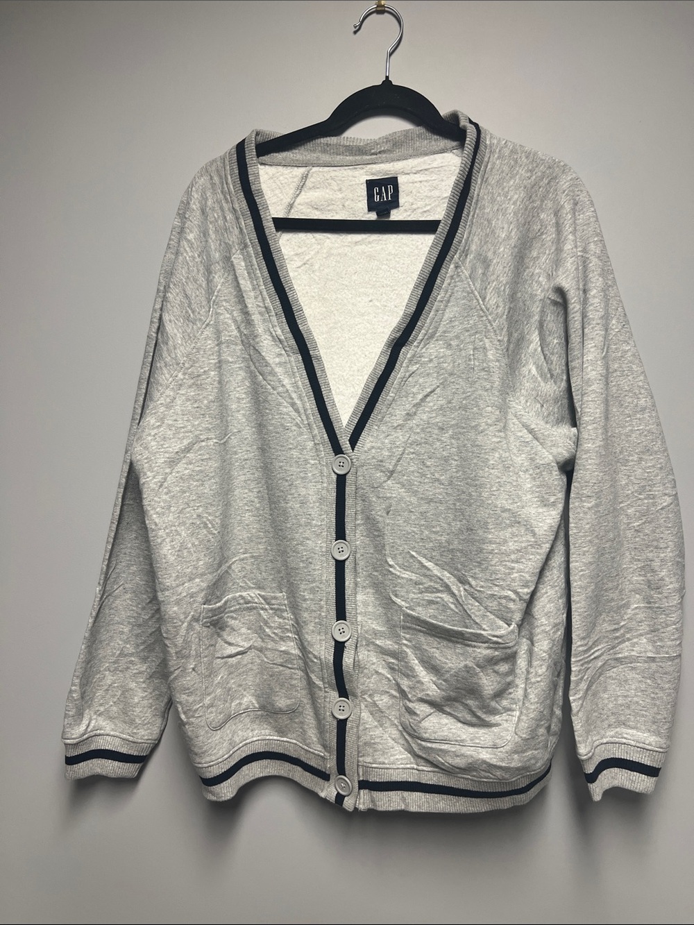 GAP Light Gray V‑Neck Button Cardigan with Navy Trim